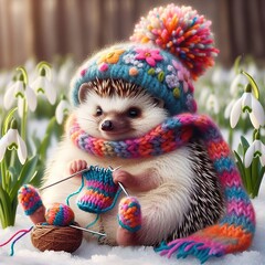 Obraz premium Fat hedgehog mother in the winter forest, among snowdrops, in a beautiful winter knitted hat with a fluffy pompom and with a scarf knitted with needles from colored wool