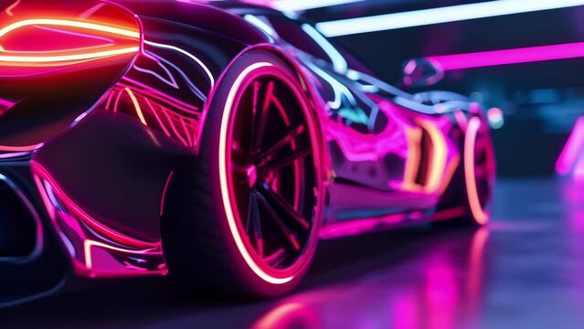 Closeup of neon lines highlighting the curves and creases of the cars body enhancing its aerodynamic and stylish appearance.