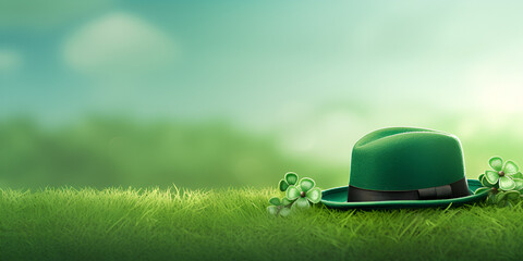 Banner with Shiny green hat gold coins and clover leaves St Patricks day concept.AI Generative