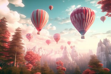 Fototapeta premium A group of hot air balloons floating in the air over a forest, Vintage style 3D illustration of Valentine's day background, Ai generated