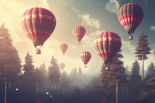 A group of hot air balloons  floating in the air over a forest, Vintage style 3D illustration of Valentine's day background, Ai generated