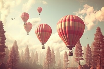 Obraz premium Colorful hot air balloons fly over the trees, Vintage style 3D illustration of Valentine's day background, Ai generated