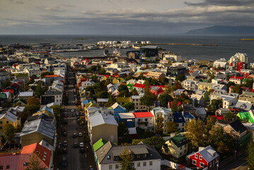 A summer afternoon view of downtown Reykjavík as seen from the top of the Hallgrímskirkja church...