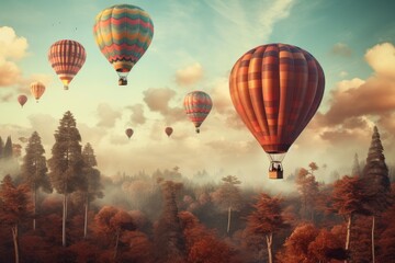 Colorful hot air balloons fly over the trees, Vintage style 3D illustration of Valentine's day background, Ai generated
