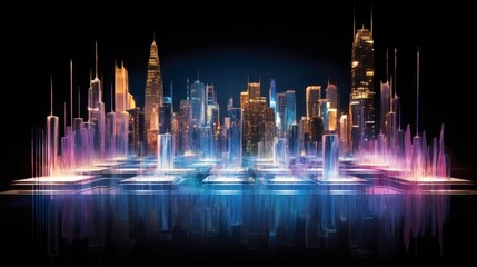 Holographic fountains in futuristic city