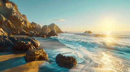 The rocky coastline of a serene beach at sunrise, with waves softly crashing and the rocks glowing under the yellow light of the sun, set against a clear blue sky, evoking peace and contemplation. 8k