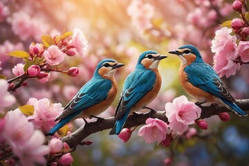 three birds sitting on a branch of a tree, birds on cherry tree, colorful birds, birds in the sunlight spring theme. 