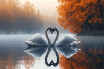 Deurstickers Serene embrace: two swans in love, a graceful display of adoration and unity in the swanst's affectionate bond, a symbol of tranquility and everlasting companionship in the natural world. © Ruslan Batiuk