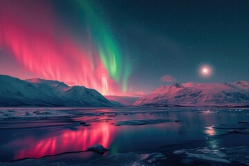 The Northern Lights in brilliant hues of pink and green, reflecting off the snow-covered mountains under a full moon. 8k