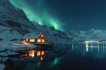 The Northern Lights illuminate a frozen lakeside escape, with a welcoming house offering refuge against the backdrop of a majestic mountain range. 8k - obrazy, fototapety, plakaty