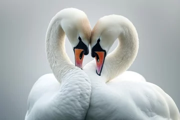 Fotobehang Serene embrace: two swans in love, a graceful display of adoration and unity in the swanst's affectionate bond, a symbol of tranquility and everlasting companionship in the natural world. © Ruslan Batiuk