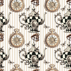 Alice in Wonderland cute VINTAGE STYLE watercolor seamless pattern  - 754079902