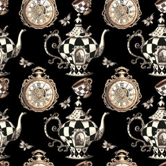 Alice in Wonderland cute VINTAGE STYLE watercolor seamless pattern  - 754079943