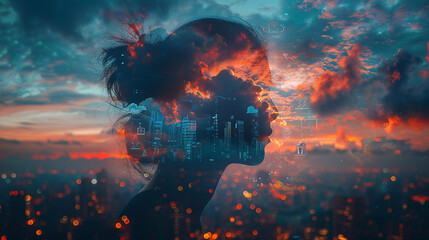 Silhouette of man head with cloud computer icon in hud with computer icons around it over blurred blue red background.double exposure High detailed and high resolution smooth and high quality