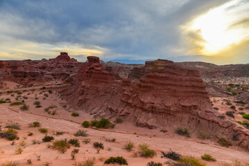 Late afternoon on the rugged sandstone landscape of the Quebrada de las Conchas, or Quebrada de Cafayate, Salta Province, northwest Argentina.