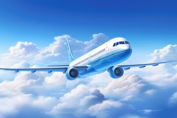Fototapeta premium Airplane flying on clouds in blue sky high detailed image, Airplane in blue sky, Airplane flying on clouds in blue sky high detailed image, Ai generated