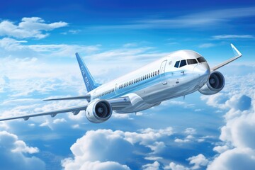 Fototapeta na wymiar Airplane flying on clouds in blue sky high detailed image, Airplane in blue sky, Airplane flying on clouds in blue sky high detailed image, Ai generated