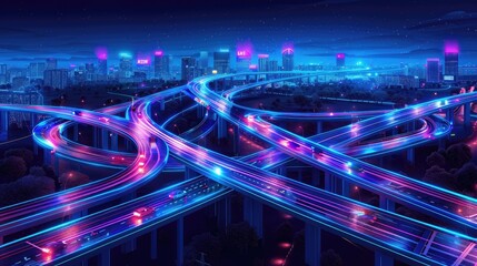 Neon-lit, intricate highway overpasses in a futuristic city at night.