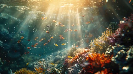 Close-up of a flourishing coral reef, with sunlight filtering through the water, illuminating the diverse textures and colors of the corals and the small fish darting in and out. 8k