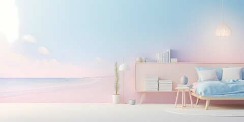 An ethereal noise texture complements the soft pastel shades of pink, blue, and yellow, creating a serene retro summer ambiance against a light grainy backdrop. - obrazy, fototapety, plakaty