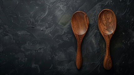Directly bottom view shot of wooden spoon on dark surface table in a kitchen