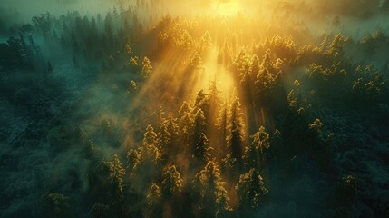 Obraz na płótnie Canvas The first light of dawn illuminating a forest, with thin trails of fog weaving through the trees, creating a mystical atmosphere as the sun rises in the background. 8k