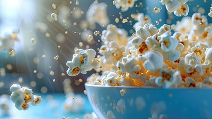 Popcorn erupting from blue bowl, sunny ambiance.