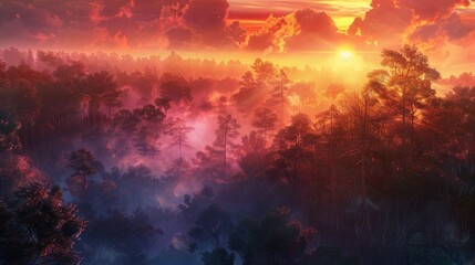 Fototapeta na wymiar The first light of dawn illuminating a forest, with thin trails of fog weaving through the trees, creating a mystical atmosphere as the sun rises in the background. 8k
