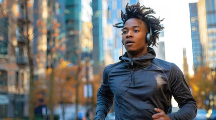 Deurstickers Young man jogging in an urban setting, headphones on. © AdriFerrer