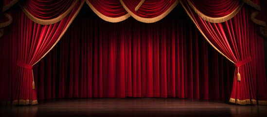Glorious red curtain above empty theatre stage