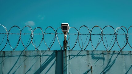 Security camera mounted on a wall with concertina wire against a blue sky. - obrazy, fototapety, plakaty