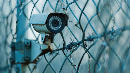Solid white metal fence topped with razor wire cctv camera - obrazy, fototapety, plakaty