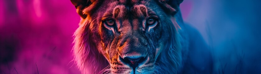 Lion close-up in isolation with neon backdrop a symbol of courage and planet protection - obrazy, fototapety, plakaty