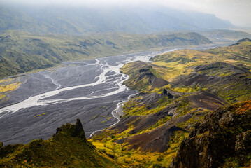 Dramatic view of the braided, glacial Krossá river from the summit of Mount Valahnúkur, Thorsmork...