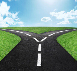 Crossroads, intersection and directions or choice journey or future decision with blue sky, grass or navigation. street, spilt and pathway or adventure options or dilemma or travel, location or guide © Delmaine Donson/peopleimages.com