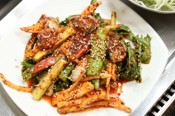 Korea style food. Raw Oyster spicy sauce Salad