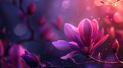 Obraz na płótnie Canvas Magnolia flower blooming vibrant in spring awakening at easter with delicate purple flower petals ,generative ai, 