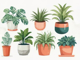 Obraz premium Illustration of a set of indoor plants in pots on a white background