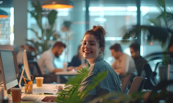 joyful and optimistic business team working from an modern office. generative AI