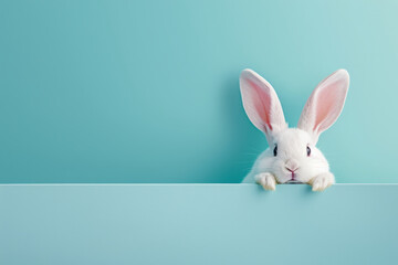 Fototapeta na wymiar Easter bunny hiding behind a colored wall. Happy easter design banner