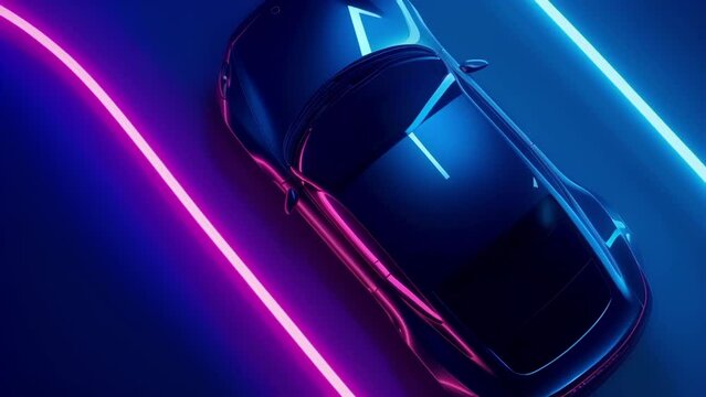 Topdown view of neon lines following the curves of the cars roof adding a dynamic and modern element to the cars profile.