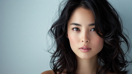 Fototapeta premium Beauty portrait of a natural young Japanese woman with a soft grey copy space background
