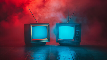 Two televisions stand next to different screens and broadcast the news differently. The concept of opinion manipulation. Information wars.