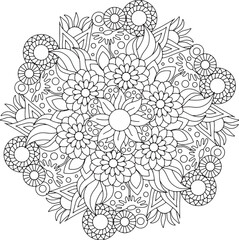 Floral flower Mandala Adult Coloring Page Intricate Stress Free Relaxing line art