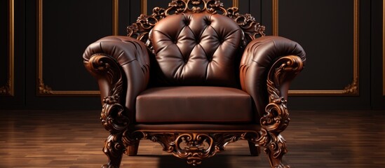 A brown leather chair with intricate wood carving details sits elegantly on top of a polished hardwood floor. The warm tones of the leather contrast beautifully with the rich hues of the wood,