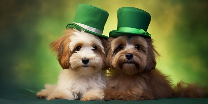 Doggy Bday party Portrait of a little puppy in a green  hat for St Patrick's Day.AI Generative