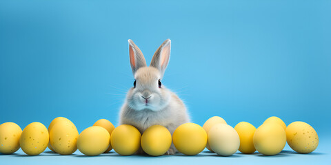 Fototapeta na wymiar A yellow bunny is surrounded by eggs and a bunny is surrounded by other eggs a rabbit with black eyes sits on a colorful background.