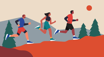Men and Women Running on the Mountain Path, Extreme Sport and Outdoor Activity Concept, Vector Flat Illustration Design