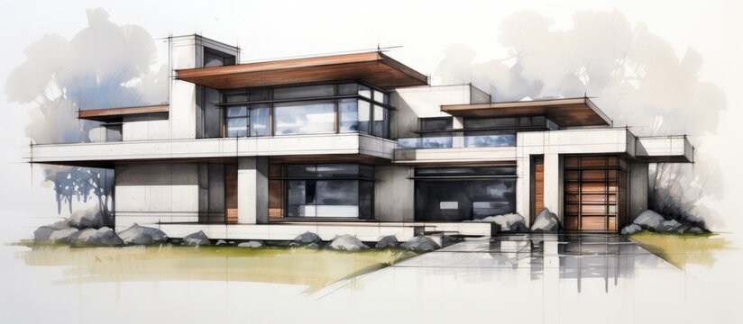 A detailed drawing of a house featuring a multitude of windows, showcasing a modern architectural design with emphasis on natural lighting and airiness.