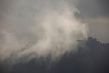 Afternoon fog rolls through the San Gabriel Mountains in Mount Wilson, California, USA.